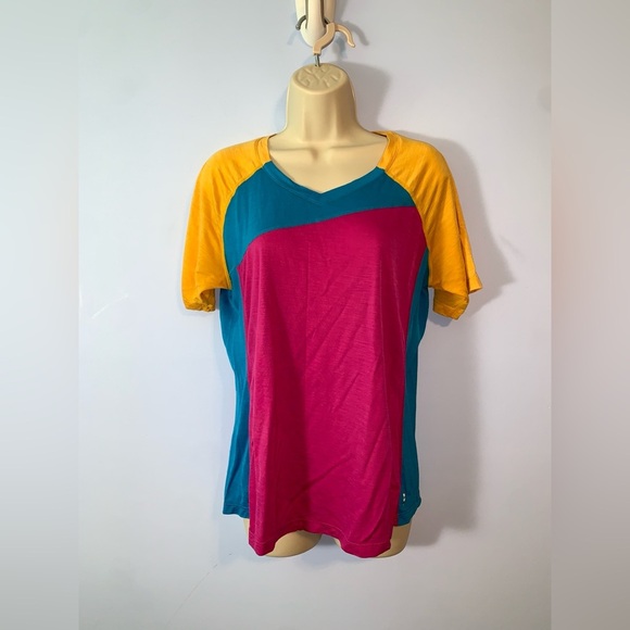 Smartwool Colorful Colorblock yellow blue pink Women's jersery tee size small - Picture 1 of 8
